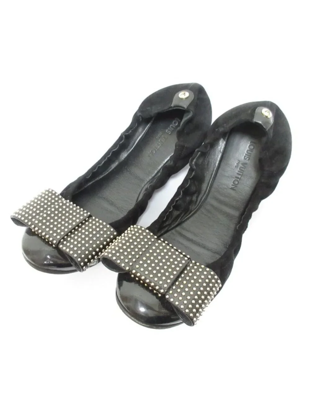 Louis Vuitton Ribbon Motif Suede Leather Ballet Shoes Flat Pumps Black